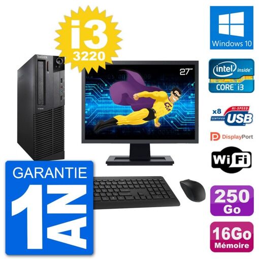 Lenovo M92p SFF Desktop PC - 27" Screen, Intel i3-3220, 16GB RAM, 250GB SSD, Windows 10, WiFi