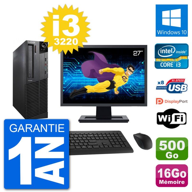 Lenovo M92p SFF Desktop Computer - 27" Screen, Intel i3-3220, 16GB RAM, 500GB HDD, Windows 10, WiFi