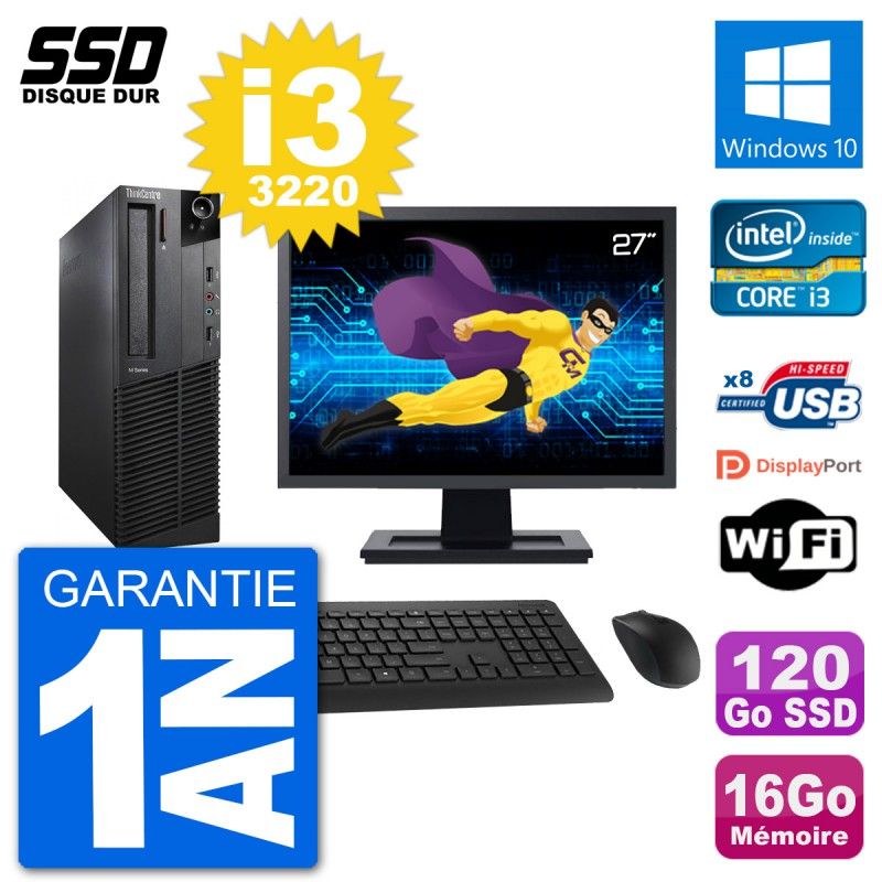 Lenovo M92p SFF Desktop Computer, 27" Screen, Intel i3-3220, 16GB RAM, 120GB SSD, Windows 10, Wifi