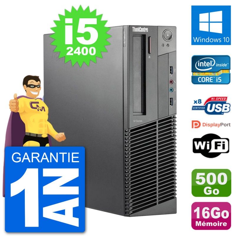 Ordinateur de bureau Lenovo M92p SFF, Intel Core i5-2400, 16 Go de RAM, 500 Go SSD, Windows 10, WiFi
