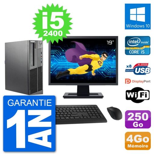 Lenovo M92p SFF Desktop PC - 19" Screen, Intel i5-2400, 4GB RAM, 250GB SSD, Windows 10, WiFi