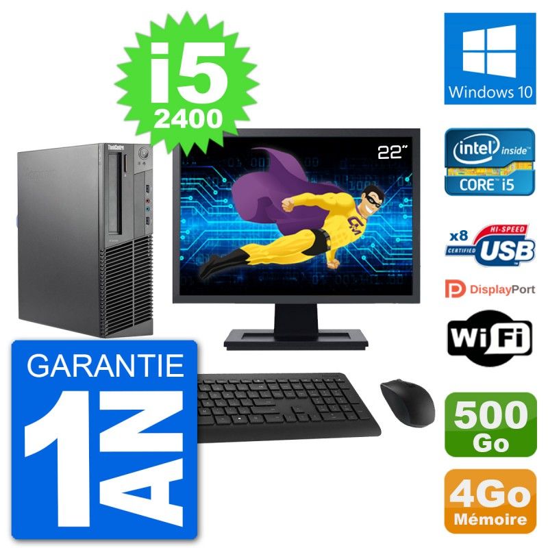 Lenovo M92p SFF Desktop Computer, 22" Screen, Intel i5-2400, 4GB RAM, 500GB HDD, Windows 10, WiFi