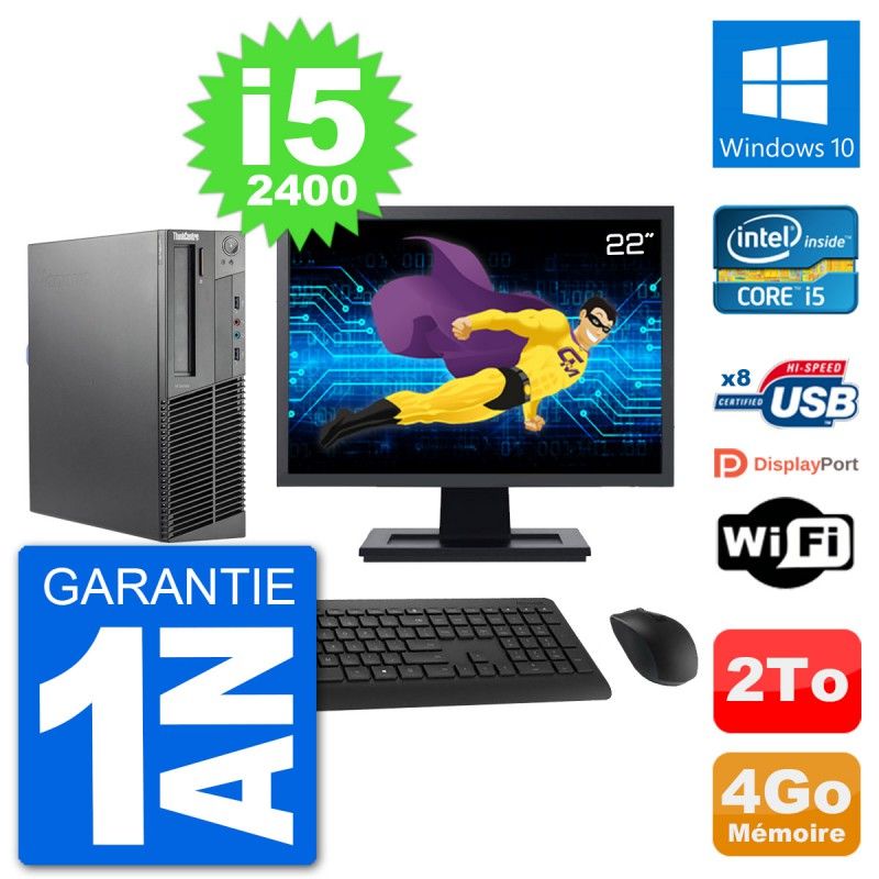 Lenovo M92p SFF Desktop Computer, 22" Screen, Intel i5-2400, 4GB RAM, 2TB HDD, Windows 10, Wifi