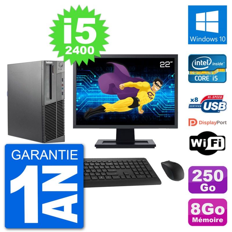Lenovo M92p SFF Desktop PC - 22" Screen, Intel i5-2400, 8GB RAM, 250GB SSD, Windows 10, WiFi
