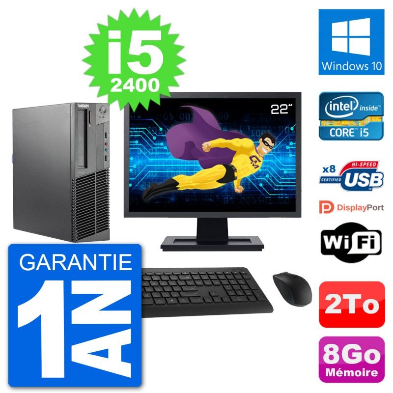 Lenovo M92p SFF Desktop Computer, 22" Screen, Intel i5-2400, 8GB RAM, 2TB HDD, Windows 10, WiFi