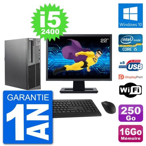 Lenovo M92p SFF Desktop Computer, 22" Screen, Intel i5-2400, 16GB RAM, 250GB HDD, Windows 10, WiFi