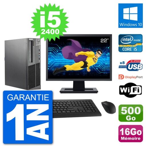 Lenovo M92p SFF Computer - 22" Screen, Intel i5-2400, 16GB RAM, 500GB HDD, Windows 10, Wifi