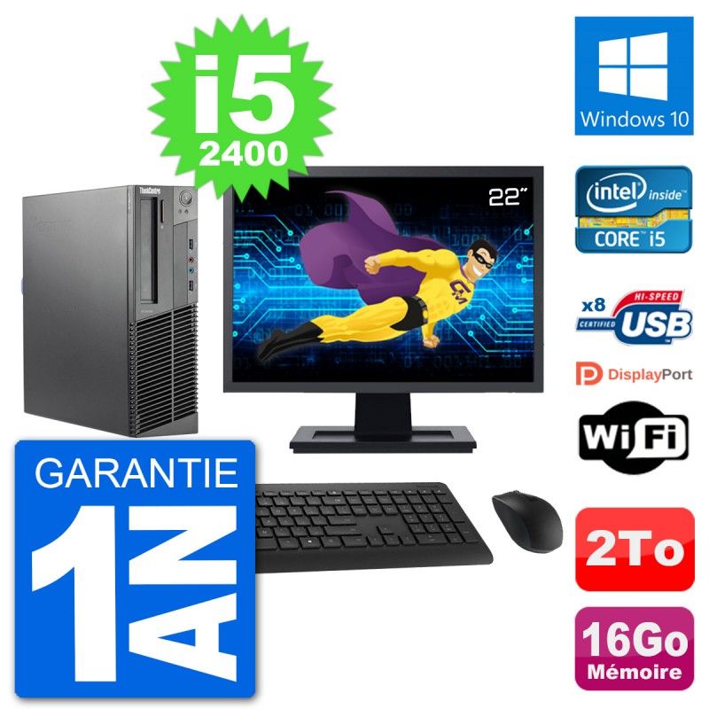 Lenovo M92p SFF Desktop Computer - 22" Screen, Intel i5-2400, 16GB RAM, 2TB HDD, Windows 10, WiFi