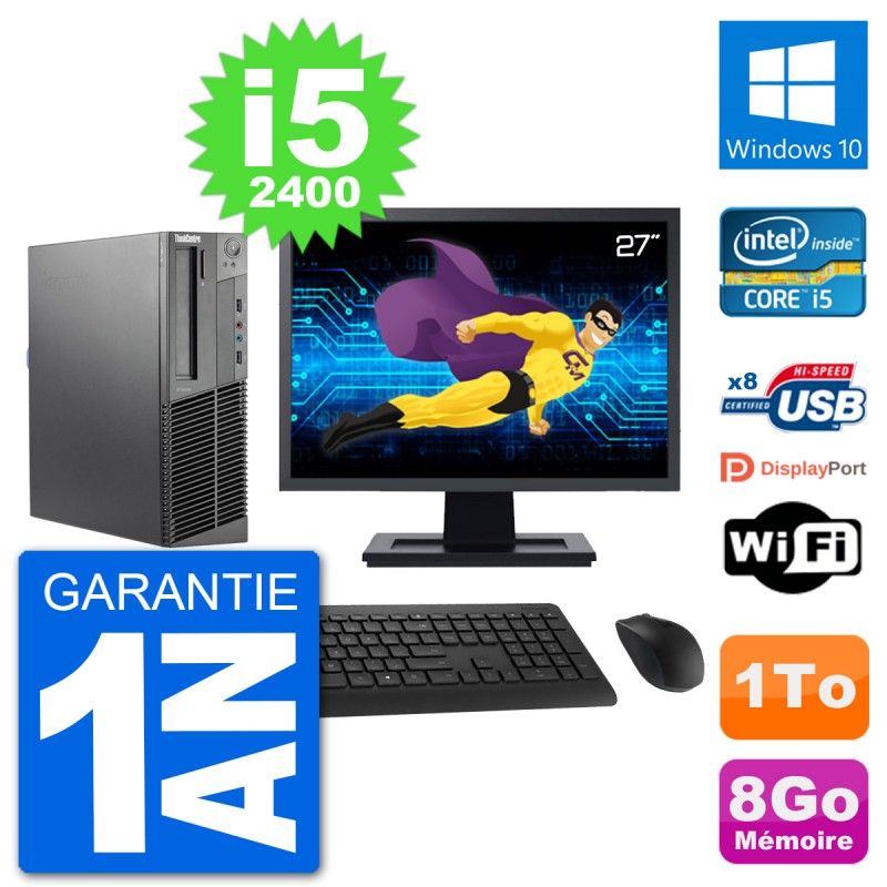 Lenovo M92p SFF Desktop Computer, 27" Screen, Intel i5-2400, 8GB RAM, 1TB HDD, Windows 10, WiFi