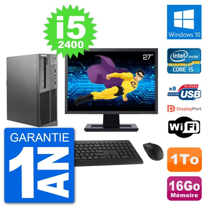 Lenovo M92p SFF Desktop Computer, 27" Screen, Intel i5-2400, 16GB RAM, 1TB HDD, Windows 10, WiFi