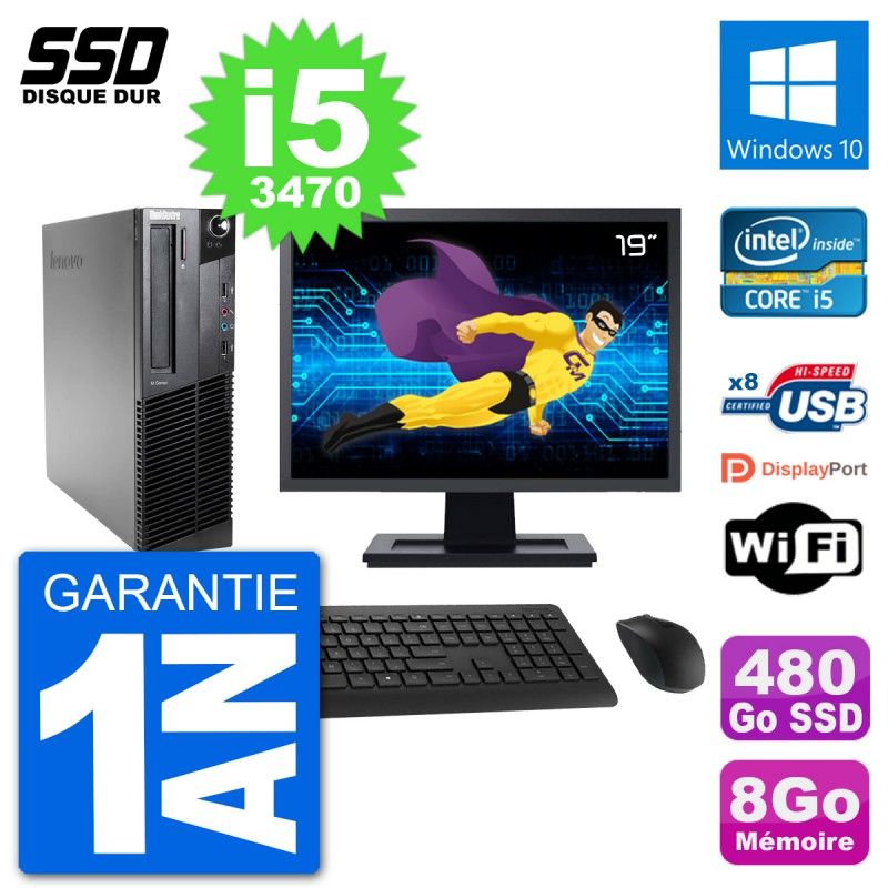 Lenovo M92p SFF Desktop Computer, 19" Screen, Intel i5-3470, 8GB RAM, 480GB SSD, Windows 10, Wifi