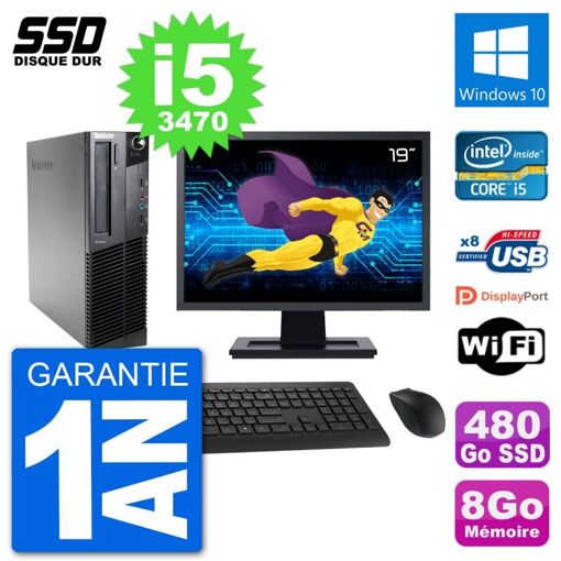 Lenovo M92p SFF Desktop Computer, 19" Screen, Intel i5-3470, 8GB RAM, 480GB SSD, Windows 10, Wifi