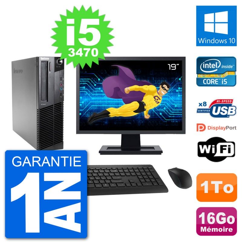 Lenovo M92p SFF Desktop Computer, 19" Screen, Intel i5-3470, 16GB RAM, 1TB HDD, Windows 10, WiFi