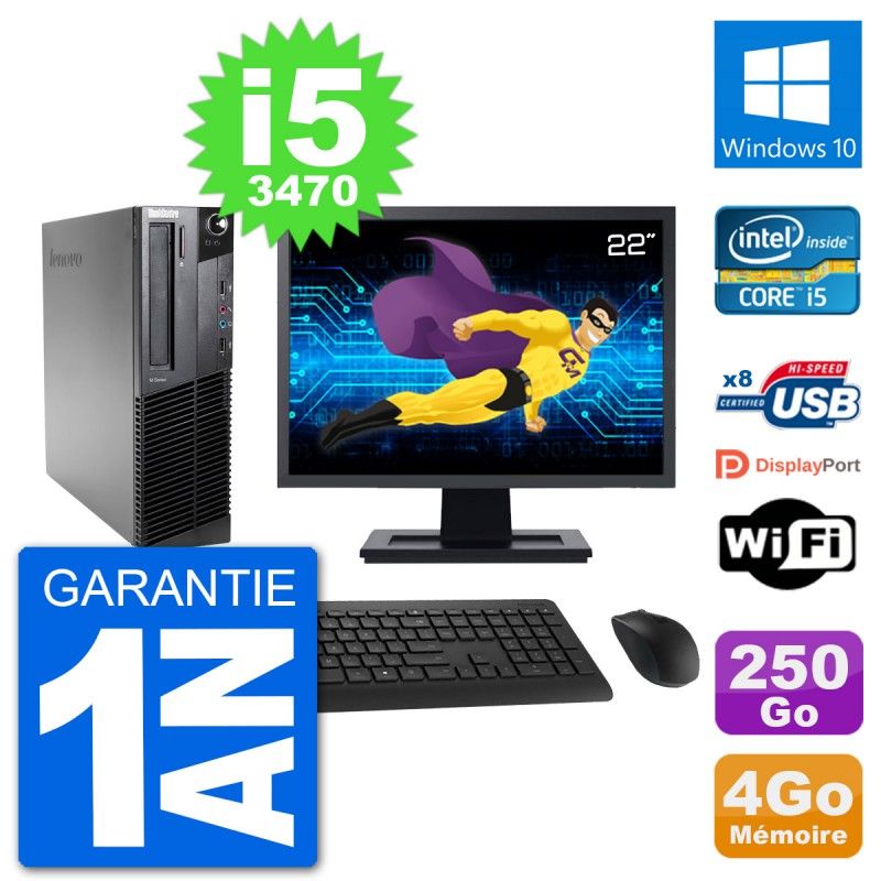 Lenovo M92p SFF Desktop PC - 22" Screen, Intel i5-3470, 4GB RAM, 250GB HDD, Windows 10, WiFi
