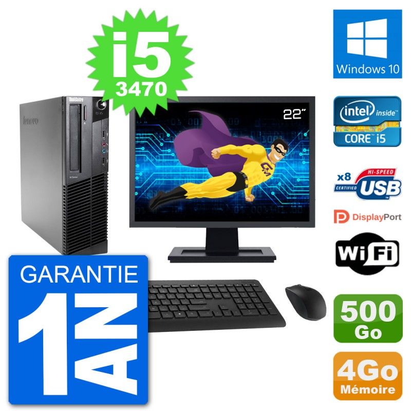 Lenovo M92p SFF Desktop Computer, 22" Screen, Intel i5-3470, 4GB RAM, 500GB HDD, Windows 10, WiFi