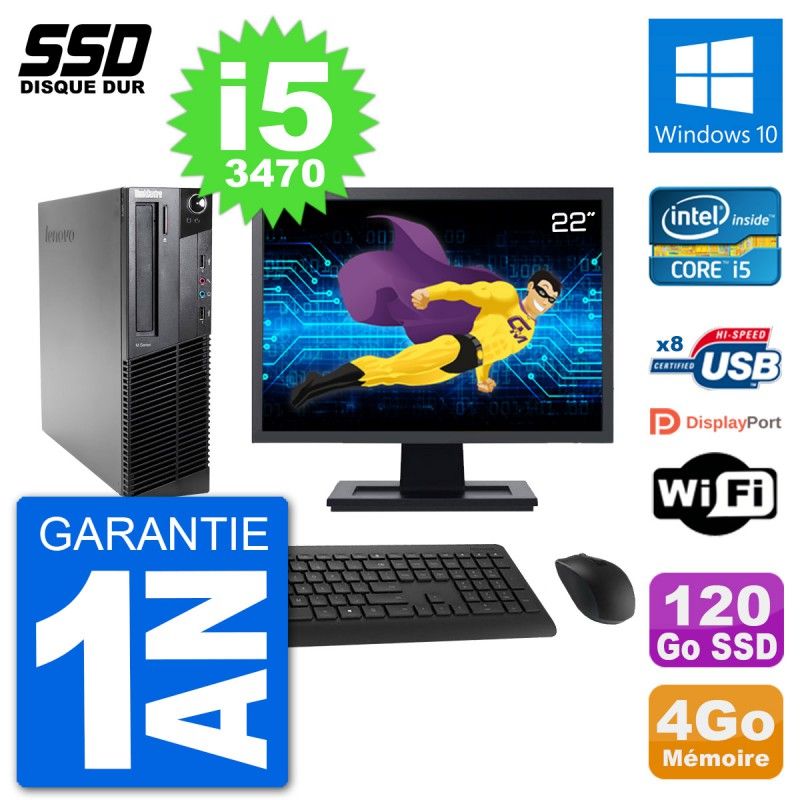 Lenovo M92p SFF Desktop Computer, 22" Screen, Intel i5-3470, 4GB RAM, 120GB SSD, Windows 10, WiFi