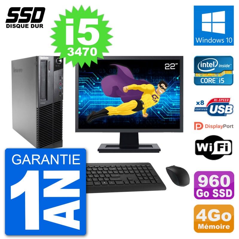 Lenovo M92p SFF Desktop Computer, 22" Screen, Intel i5-3470, 4GB RAM, 960GB SSD, Windows 10, Wifi