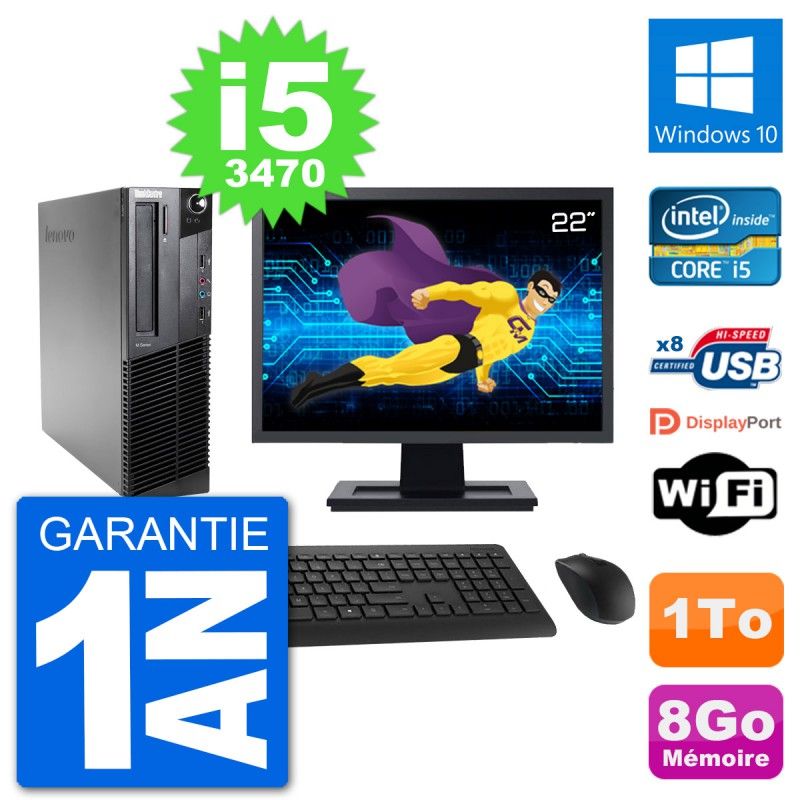 Lenovo M92p SFF PC - 22" Screen, Intel i5-3470, 8GB RAM, 1TB HDD, Windows 10, Wifi