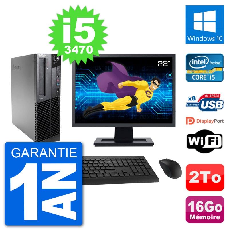 Lenovo M92p SFF Computer - 22" Screen, Intel i5-3470, 16GB RAM, 2TB HDD, Windows 10, WiFi