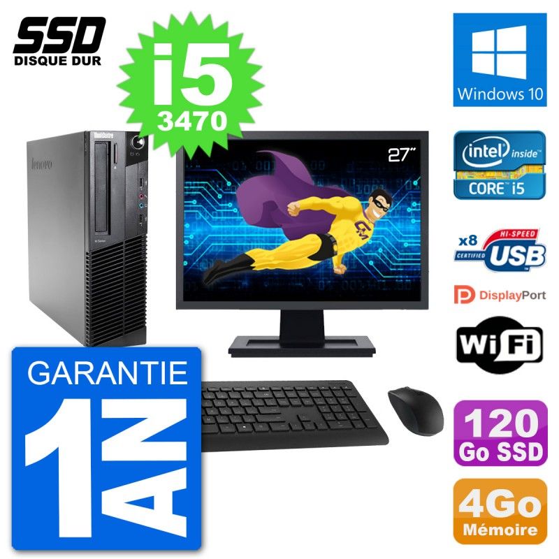 Lenovo M92p SFF Desktop Computer, 27" Screen, Intel i5-3470, 4GB RAM, 120GB SSD, Windows 10, WiFi