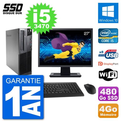 Lenovo M92p SFF Desktop Computer, 27" Screen, Intel i5-3470, 4GB RAM, 480GB SSD, Windows 10, WiFi
