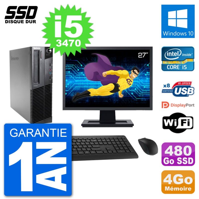 Lenovo M92p SFF Desktop Computer, 27" Screen, Intel i5-3470, 4GB RAM, 480GB SSD, Windows 10, WiFi