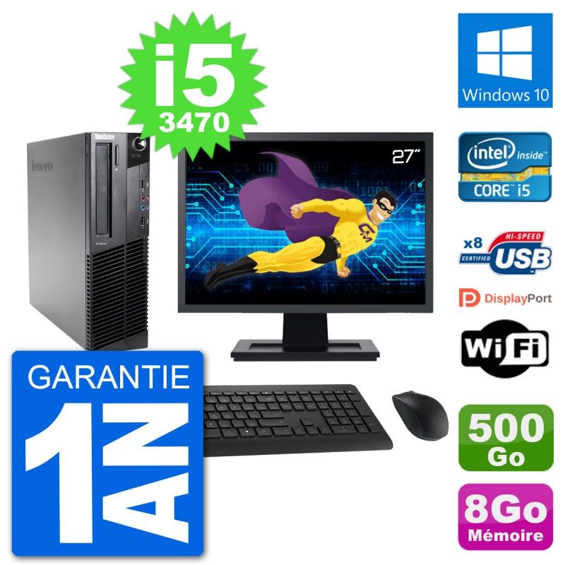 Lenovo M92p SFF Desktop Computer, 27" Screen, Intel i5-3470, 8GB RAM, 500GB HDD, Windows 10, Wifi