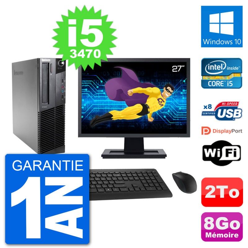 Lenovo M92p SFF Desktop Computer, 27" Screen, Intel i5-3470, 8GB RAM, 2TB HDD, Windows 10, WiFi