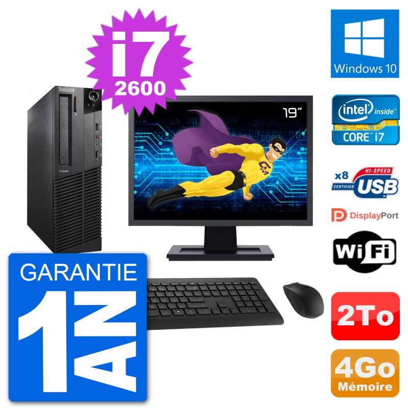 Lenovo M92p SFF Desktop Computer - 19" Screen, Intel i7-2600, 4GB RAM, 2TB HDD, Windows 10, WiFi