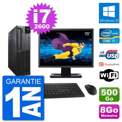 Lenovo M92p SFF Desktop Computer, 19" Screen, Intel i7-2600, 8GB RAM, 500GB HDD, Windows 10, Wifi