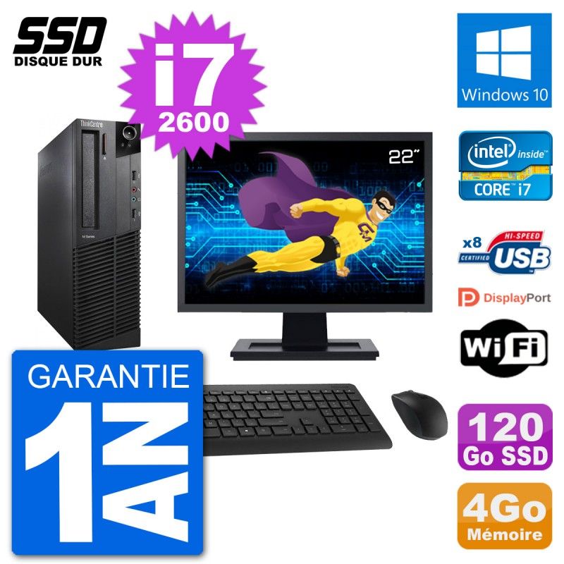 Lenovo M92p SFF Desktop Computer, 22" Screen, Intel i7-2600, 4GB RAM, 120GB SSD, Windows 10, WiFi
