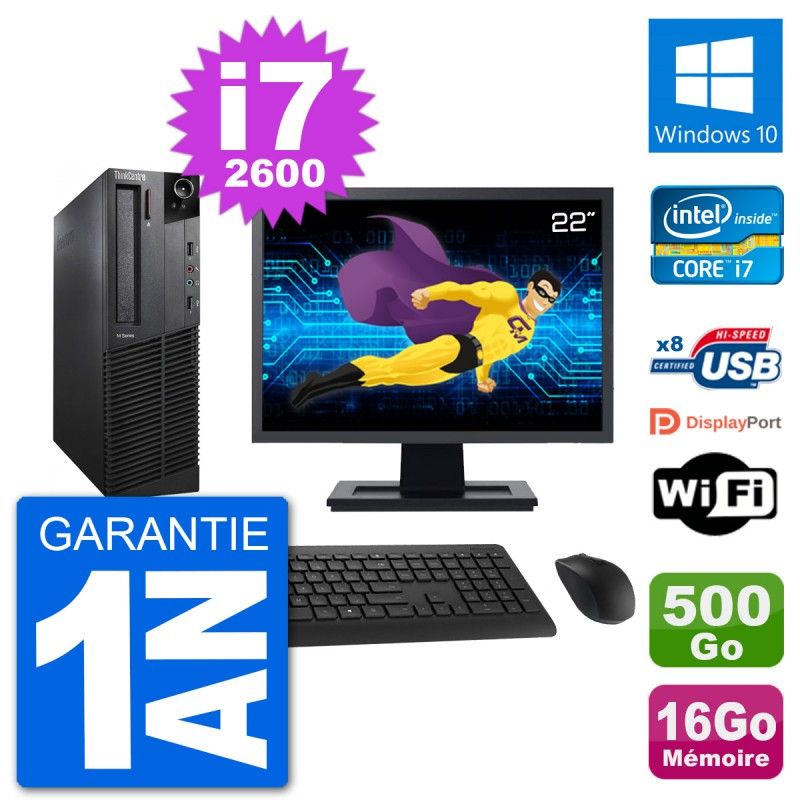 Lenovo M92p SFF Desktop Computer | 22" Screen | Intel i7-2600 | 16GB RAM | 500GB HDD | Windows 10 | WiFi