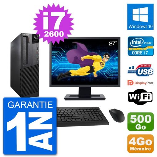 Lenovo M92p SFF Desktop Computer - 27" Screen, Intel i7-2600, 4GB RAM, 500GB HDD, Windows 10, Wifi