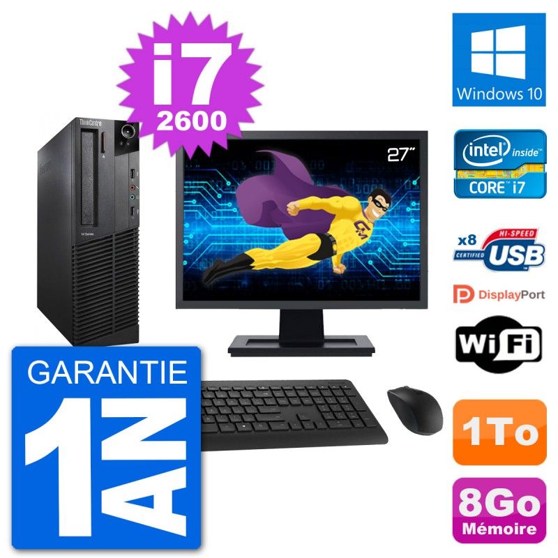 Lenovo M92p SFF Computer - 27" Screen, Intel i7-2600, 8GB RAM, 1TB Hard Drive, Windows 10, WiFi
