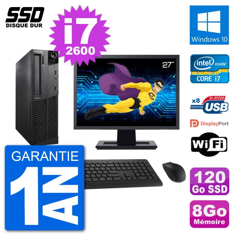 Lenovo M92p SFF Computer - 27" Screen, Intel i7-2600, 8GB RAM, 120GB SSD, Windows 10, WiFi