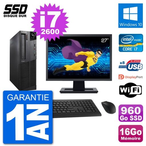 Lenovo M92p SFF Desktop Computer - 27" Screen, Intel i7-2600, 16GB RAM, 960GB SSD, Windows 10, WiFi