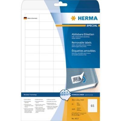 Etiquetas removibles Herma, A4, 38.1x21.2 mm, Blanco, 1625 unidades
