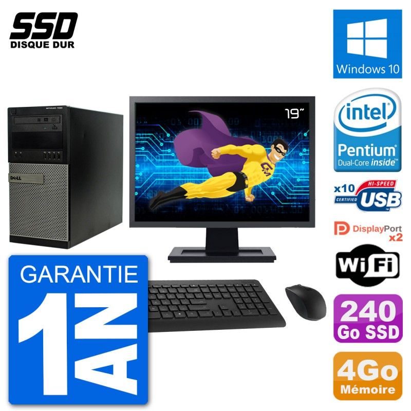 Dell Optiplex 7020 Desktop Computer - 19" Screen, Intel Pentium G3220, 4GB RAM, 240GB SSD, Windows 10, WiFi