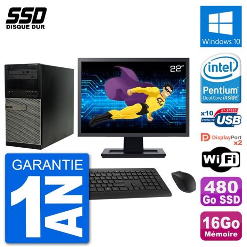 Dell Optiplex 7020 Desktop Computer, 22-inch Screen, Intel Pentium G3220, 16GB RAM, 480GB SSD, Windows 10, WiFi