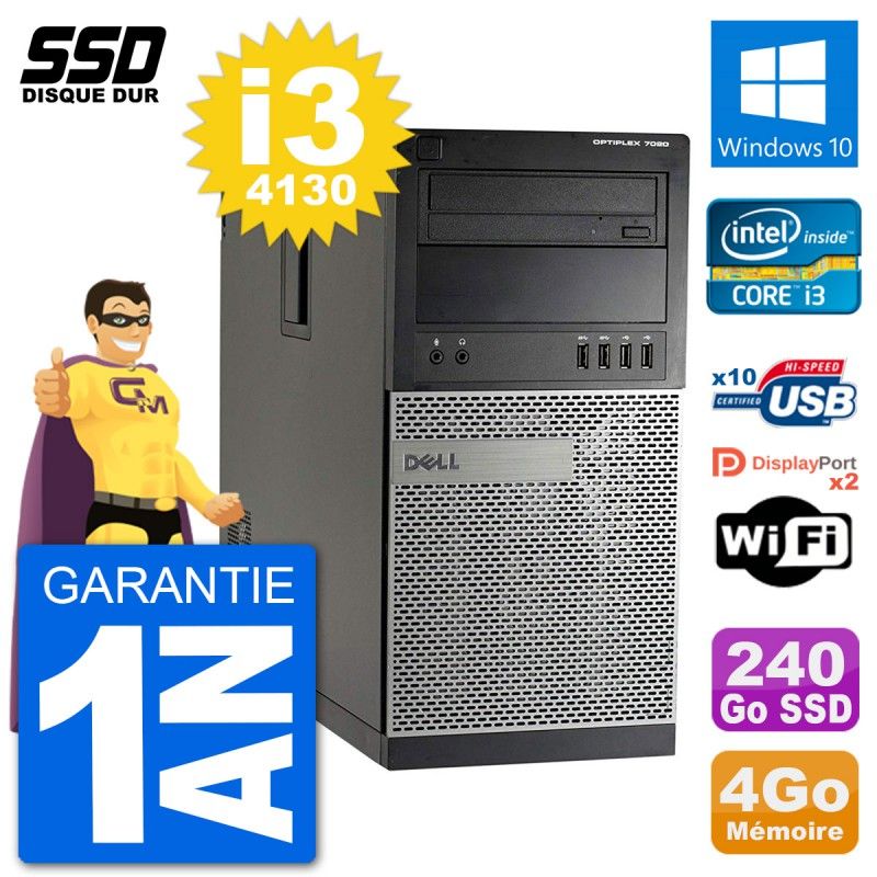 Ordinateur de bureau Dell Optiplex 7020 - Processeur Intel Core i3-4130, 4 Go de RAM, 240 Go SSD, Windows 10, Wifi