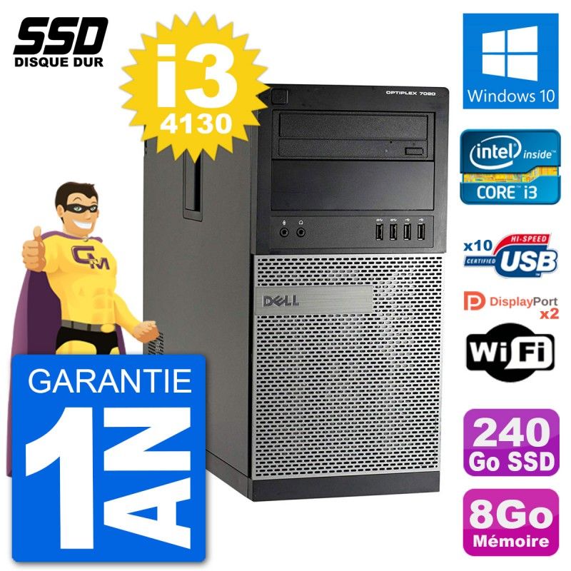 Ordinateur de bureau Dell Optiplex 7020 - Processeur Intel Core i3-4130, 8 Go de RAM, 240 Go SSD, Windows 10, Wi-Fi
