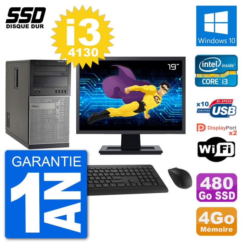 Ordinateur de bureau Dell Optiplex 7020 MT, écran 19", processeur Intel Core i3-4130, 4 Go de RAM, 480 Go SSD, Windows 10