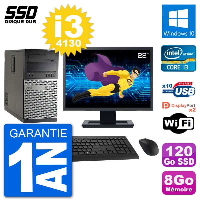 Ordinateur de bureau Dell Optiplex 7020 - Écran 22'', Processeur Intel Core i3-4130, 8 Go de RAM, 120 Go SSD, Windows 10, Wifi