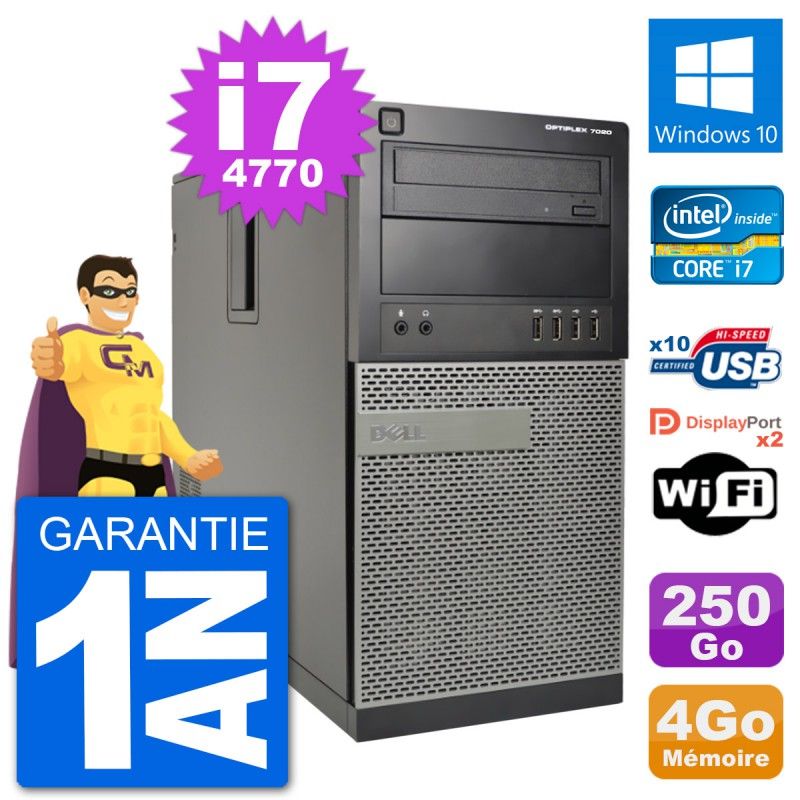 Dell Optiplex 7020 Desktop Computer - Intel Core i7-4770, 4GB RAM, 250GB HDD, Windows 10, WiFi