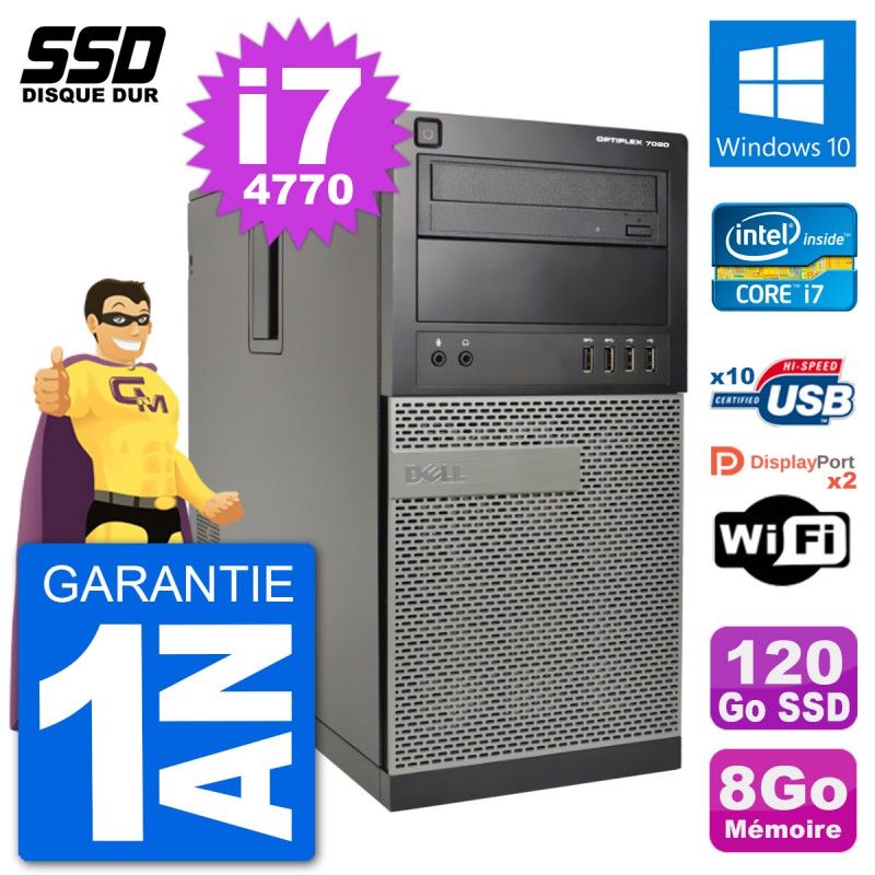 Dell Optiplex 7020 Desktop Computer - Intel Core i7-4770, 8GB RAM, 120GB SSD, Windows 10, WiFi