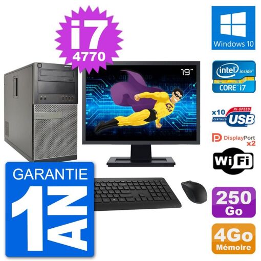Dell Optiplex 7020 Desktop Computer - 19" Screen, Intel i7-4770, 4GB RAM, 250GB SSD, Windows 10, WiFi