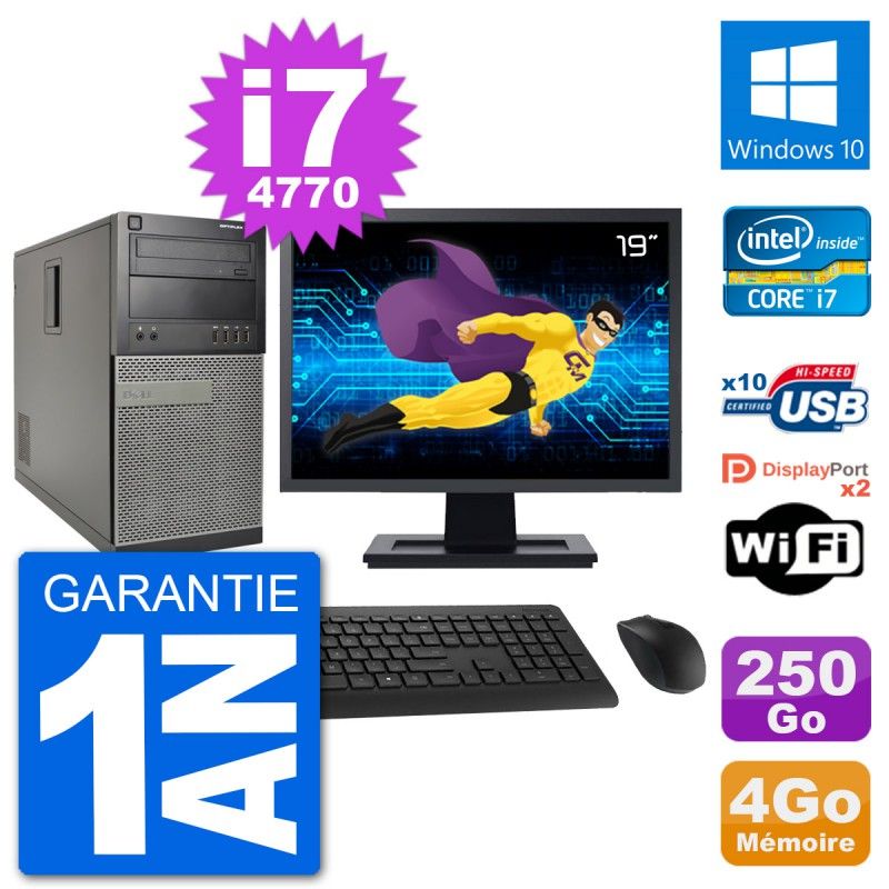 Dell Optiplex 7020 Desktop Computer - 19" Screen, Intel i7-4770, 4GB RAM, 250GB SSD, Windows 10, WiFi