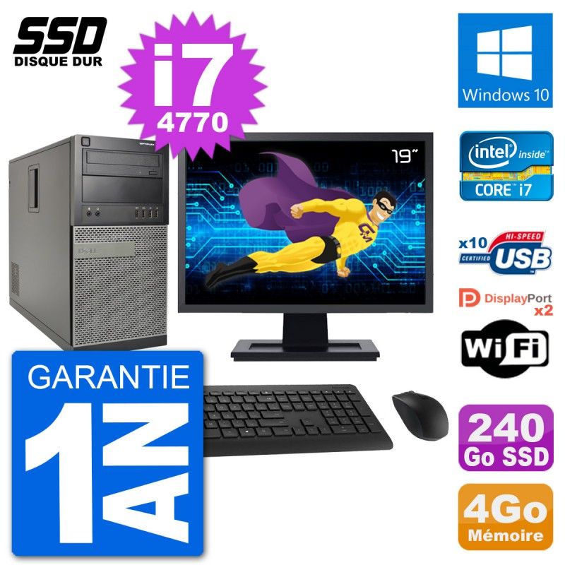 Ordinateur de bureau Dell Optiplex 7020 - Écran 19", Processeur Intel Core i7-4770, 4 Go de RAM, Disque SSD 240 Go, Windows 10