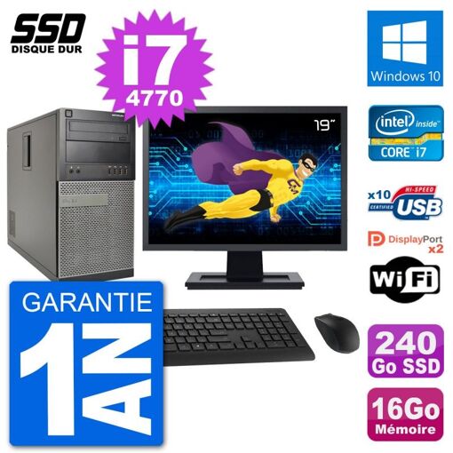Dell Optiplex 7020 MT Desktop Computer, 19" Screen, Intel i7-4770, 16GB RAM, 240GB SSD, Windows 10, WiFi