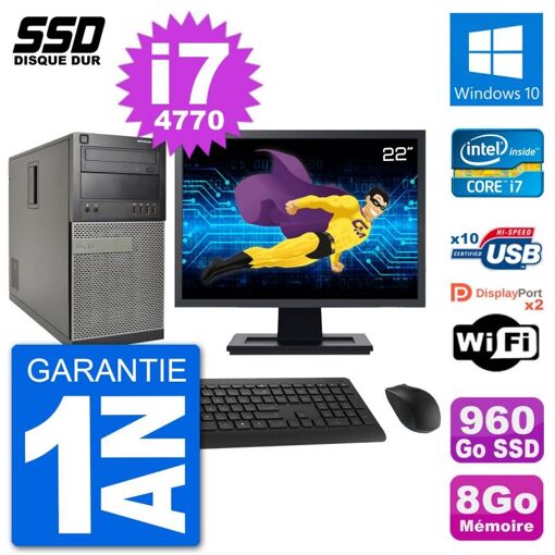 Dell Optiplex 7020 MT Desktop Computer - 22" Screen, Intel Core i7-4770, 8GB RAM, 960GB SSD, Windows 10, WiFi